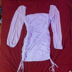 Baby blue bodycon puff sleeve (Drawstring Ruched Lantern SleeveBodycon) dress.